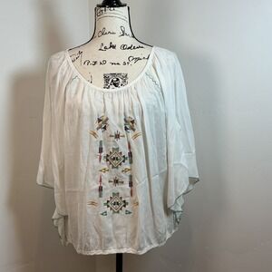 ANGIE‎ White Embroidered Boho Tunic Top Blouse Dolman Sleeve Size L